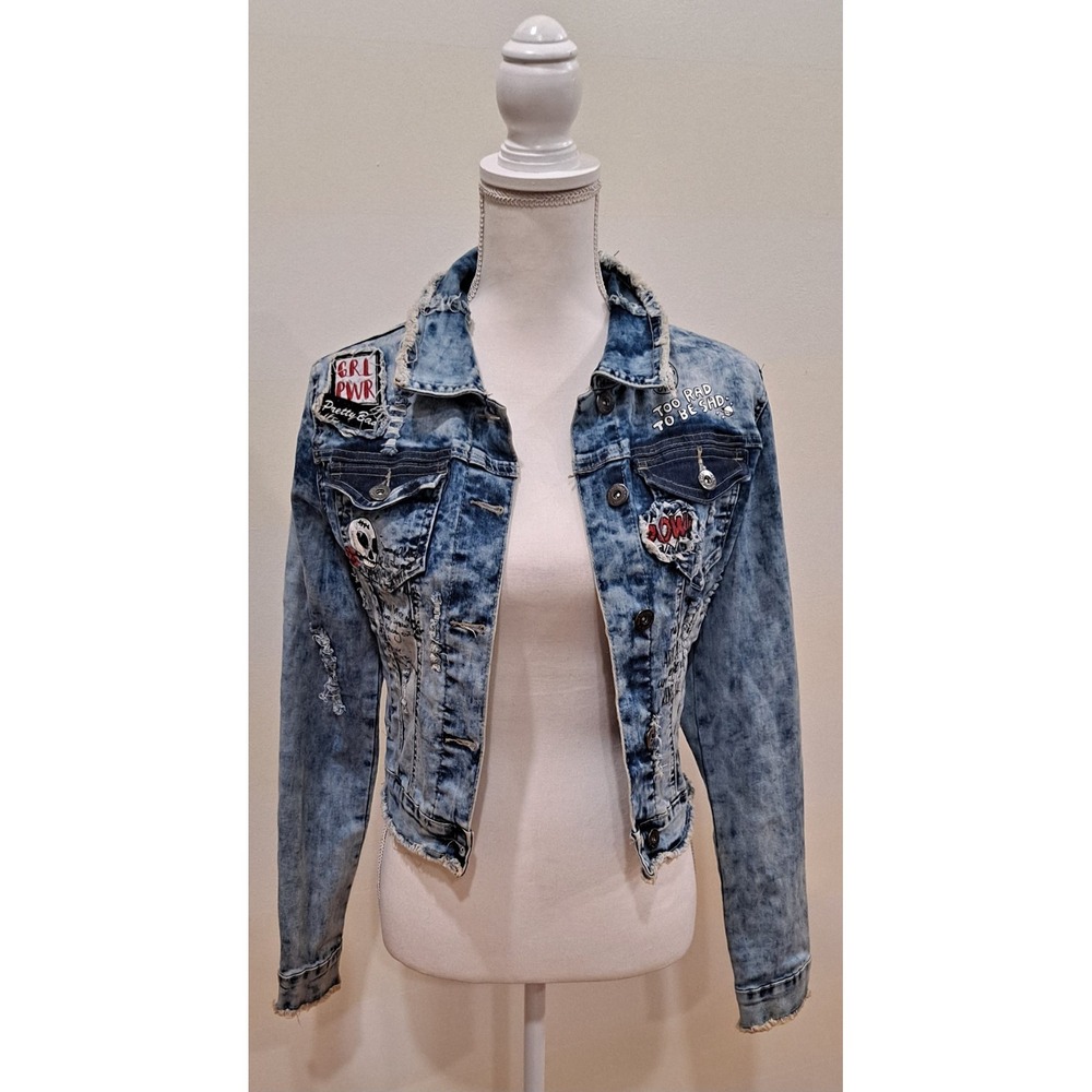 S Redfox Denim Crop Jacket‎ Girl Power Too Rad To Be Sad